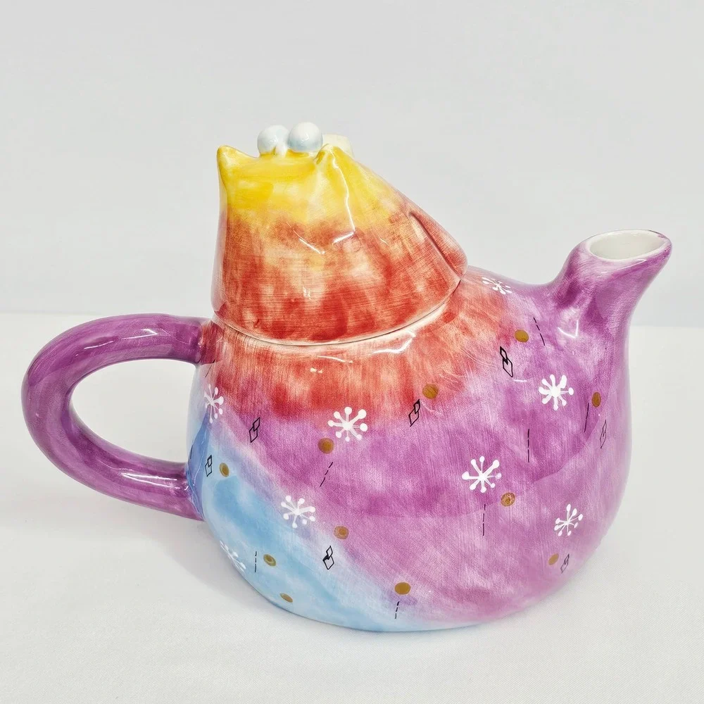 Cat Teapot Studio Designworks‎ Handpainted Whimsical Colorful Ceramic Art